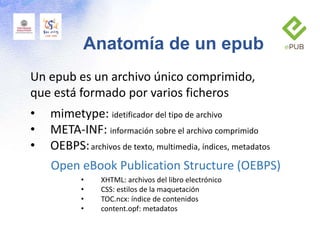 Un epub es un archivo único comprimido,
que está formado por varios ficheros
• mimetype: idetificador del tipo de archivo
• META-INF: información sobre el archivo comprimido
• OEBPS:archivos de texto, multimedia, índices, metadatos
Open eBook Publication Structure (OEBPS)
• XHTML: archivos del libro electrónico
• CSS: estilos de la maquetación
• TOC.ncx: índice de contenidos
• content.opf: metadatos
Anatomía de un epub
 