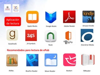 Amazon Kindle
Aldiko
Google Books
Moon Reader
Apple iBooks
Goodreads
FBReader
Nook
Bluefire Reader
Adobe Reader
24 Symbols
Overdrive Media
Aplicación
de lectura
Bookari
Recomendados para lectura de ePub
 