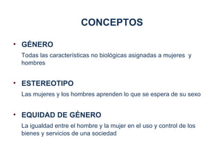CONCEPTOS

• GÉNERO
 Todas las características no biológicas asignadas a mujeres y
 hombres


• ESTEREOTIPO
 Las mujeres y los hombres aprenden lo que se espera de su sexo


• EQUIDAD DE GÉNERO
 La igualdad entre el hombre y la mujer en el uso y control de los
 bienes y servicios de una sociedad
 