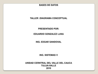 BASES DE DATOS TALLER :DIAGRAMA CONCEPTUAL  PRESENTADO POR: EDUARDO GONZALEZ LUNA ING. EDGAR SANDOVAL ING. SISTEMAS V UNIDAD CERNTRAL DEL VALLE DEL CAUCA TULUA-VALLE 2010 