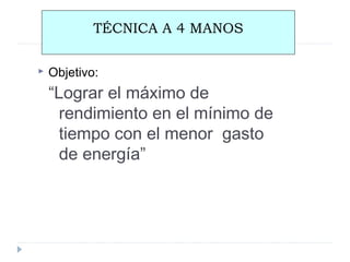 TÉCNICA A 4 MANOS


Objetivo:

“Lograr el máximo de
rendimiento en el mínimo de
tiempo con el menor gasto
de energía”

 