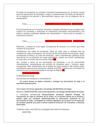 El medio de transporte se considera importado temporalmente por el tiempo normal
para las operaciones de descargue, cargue o mantenimiento del medio de transporte,
sin la exigencia de garantía o documentación alguna, pero con la obligación de su
reexportación.


       Falso_________________        Verdadero__________________ ARTICULO 92


En el transporte de uso comercial las partes o equipos extranjeros que se traigan para
sustituir los averiados o destruidos se entenderán importados temporalmente y las
partes o equipos sustituidos deberán ser reexportados, a menos que se sometan a
importación ordinaria


       Falso________________         Verdadero___________________ ARTICULO 93


Relacione y coloque la vocal según corresponda de acuerdo a lo mínimo que debe
contener el documento:
Identificación del medio de transporte, datos de viaje, peso y cantidad total de
unidades de carga a transportar, los números de los documentos de transporte, según
corresponda al medio y al modo de transporte, peso e identificación genérica de las
mercancías y/o la indicación de carga consolidada, cuando así viniere, señalándose
en este caso, el número del documento máster.(A)
tipo, número y fecha de los documentos de transporte o de los documentos
consolidadores; características del contrato de transporte peso y volumen según
corresponda; flete; identificación de la unidad de carga cuando a ello hubiere lugar;
identificación general de la mercancía. Señalar el trámite o destino que se le dará a la
mercancía una vez sea descargada en el lugar de llegada.(B)
       ARTICULO 94 Y 94-1
El Manifiesto de Carga
Documentos de transporte y consolidadores
    En cuanto tiempo se deben transmitir y entregar los documentos de viaje a la
autoridad aduanera para:


Aéreo:doce (12) horas siguientes a la entrega del Manifiesto de Carga.
Marítimo_VEINTICUATRO: (24) horas siguientes a la entrega del Manifiesto de Carga.
c- Transporte terrestre:Los transportadores terrestres deberán entregar los
documentos de viaje al momento de su arribo, en la primera oficina de la Aduana y
podrán optar por transmitir electrónicamente la información contenida en los
documentos de viaje, o entregarla en medios magnéticos de acuerdo con la resolución
de carácter general que para el efecto expida la Dirección de Impuestos y Aduanas
Nacionales.

Trayectos cortos: seis (6)horas a la llegada del medio de transporte
       MARITIMO
 