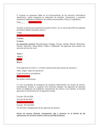 II -Cuando se presenten fallas en el funcionamiento de los servicios informáticos
electrónicos, podrá aceptarse la realización de trámites, actuaciones y procesos
aduaneros mediante la utilización de medios documentales, físicos o magnéticos.
Falso____      Verdadero_____


Cuando se disminuya el patrimonio líquido mínimo en un monto del (20%) los agentes
de aduana deberá subsanar esto en :
1 mes
2 meses ARTICULO 18 LEY 2685
3 meses
6 meses
las siguientes aduanas “Bucaramanga, Cartago, Cúcuta, (Ipiales, Maicao, Manizales,
Pereira, Riohacha, Santa Marta, Urabá o Valledupar” las agencias que prestan sus
servicios allí son de nivel:


Nivel 1
Nivel 2
Nivel 3
Nivel 4


V las agencias de nivel 2, 3, 4 tienen restricciones para actuar de acuerdo a:
Valor, origen, clase de mercancía
Lugar de arribo y procedencia
Son ciertas a y b
No existen restricciones


VI- Con el propósito de protegerse de prácticas relacionadas con lavado de activos,
contrabando, evasión y cualquier otra conducta irregular, las agencias de aduanas
tienen la obligación de establecer mecanismos de control a sus clientes, el formato
para esto lo encontramos en la siguiente circular:


Circular 100 de 2006
Circular 56 del 2007
Circular 170 del 2002
Circular 057 del 2002
VII- Escriba 5 obligaciones de las agencias de aduana


Actuar de manera eficiente, transparente, ágil y oportuna en el trámite de las
operaciones de comercio exterior ante la autoridad aduanera
 