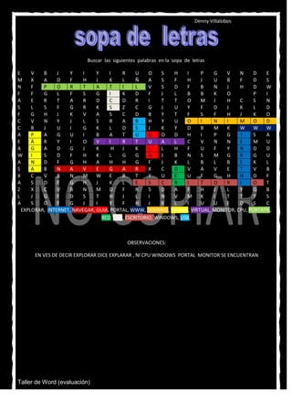 Denny Villalobos




                           Buscar las siguientes palabras en la sopa de letras

E     V   B     J   Y     I    Y    I     R     U    O    S   H    I   P    G    V    N     D   E
M     X   A     D   F     H    J    K     L     Ñ    A    S   F    H   J    U    B    F     D   S
N     F   P     O   R     T    A    T     I     L    V    S   D    F   B    N    J    H     D   W
F     F   G     L   F     S    G    I     K     D    F    J   L    B   B    K    O          P   I
A     E   R     T   A     R    D    C     D     R    I    T   T    O   M    J    H    C     S   N
S     L   S     F   G     R    K    S     Z     C    G    J   U    Y   F    D    J    K     L   D
F     G   H     J   K     V    A    S     C     D    B    Y   T    F   S    F    H    J     K   O
C     V   N     Y   J     L    S    R     A     B    H    Y   U    O   I    N    I    M     O   D
C     B   J     U   I     G    K    L     D     S    J    K   Y    D   B    M    K    W     W   W
A     P   A     G   U     I    B    A     T     U    G    O   D    H   I    P    G    T     S   A
E     Á   R     Y   I     O    V    I     R     T    U    A   L    C   V    N    N    E     M   U
A     G   A     D   G     J    K     H    J     K    I    L   H    F   U    F    Y    N     D   D
W     I   S     D   F     H    K    L     G     G    A    J   B    N   S    M    G    R     G   U
A     N   D     F   G     H    A    H     H     G    F    J   K    L   B    L    B    E     K   L
S     A   B     N   A     V    E    G     A     R    X    C   D    V   A    V    E    T     V   B
X     C   V     B   N     M    W    E     R     T    Y    U   E    U   F    G    H    N     D   F
A     S   D     F   G     H    J    K     L     E    S    C   R    I   T    O    R    I     O   T
Z     X   C     V   B     N    M    D     F     R    5    D   A    F   H    J    L    Y     G   B
L     J   G     F   D     S    T    H     J     L    I    N   V    M   K    I    T    T     T   S
A     S   D     F   G     J    I    Y     F     H    J    K   L    I   U    U    F    D     S   C
  EXPLORAR, INTERNET, NAVEGAR, GUIA, PORTAL, WWW, DOMINIO, PÁGINA, VIRTUAL, MONITOR, CPU, PORTATIL,
                                 RED, TICS, ESCRITORIO, WINDOWS, USB,



                                            OBSERVACIONES:

      EN VES DE DECIR EXPLORAR DICE EXPLARAR , NI CPU WINDOWS PORTAL MONITOR SE ENCUENTRAN




Taller de Word (evaluación)
 