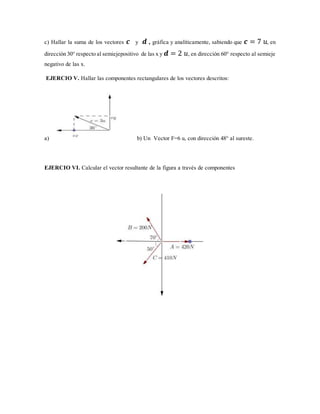 c) Hallar la suma de los vectores 𝒄 y 𝒅 , gráfica y analíticamente, sabiendo que 𝒄 = 7 𝑢, en
dirección30° respectoal semie...