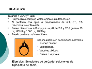 El Desarrollo Humano, base de la Formación Integral de la PersonalLos valores en la empresa
Cuando a 25ºC y 1 atm.
• Polimeriza o combina violentamente sin detonación
• Al contacto con agua a proporciones de 5:1, 5:3, 5:5
reacciona violentamente
• Posee cianuros o sulfuros y a un pH de 2.0 y 12.5 genera 50
mg HCN/kg ó 500 mg H2S/kg
• Puede producir radicales libres
REACTIVO
Son inestables en condiciones normales
pueden causar:
• Explosiones.
• Vapores tóxicos.
• Gases o vapores.
Ejemplos: Soluciones de peróxido, soluciones de
hipoclorito de sodio.
 