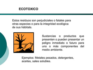 El Desarrollo Humano, base de la Formación Integral de la PersonalLos valores en la empresa
ECOTOXICO
Estos residuos son perjudiciales o fatales para
otras especies o para la integridad ecológica
de sus hábitats.
Ejemplos: Metales pesados, detergentes,
aceites, sales solubles.
Sustancias o productos que
presenten o pueden presentar un
peligro inmediato o futuro para
uno o más componentes del
medio ambiente.
 