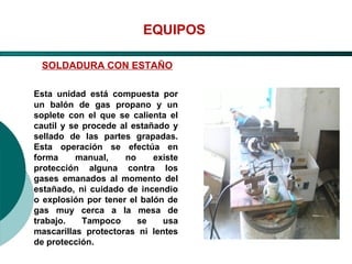 El Desarrollo Humano, base de la Formación Integral de la PersonalLos valores en la empresa
EQUIPOS
SOLDADURA CON ESTAÑO
Esta unidad está compuesta por
un balón de gas propano y un
soplete con el que se calienta el
cautil y se procede al estañado y
sellado de las partes grapadas.
Esta operación se efectúa en
forma manual, no existe
protección alguna contra los
gases emanados al momento del
estañado, ni cuidado de incendio
o explosión por tener el balón de
gas muy cerca a la mesa de
trabajo. Tampoco se usa
mascarillas protectoras ni lentes
de protección.
 