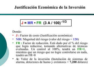 El Desarrollo Humano, base de la Formación Integral de la PersonalLos valores en la empresa
Justificación Económica de la Inversión
Donde:
• J : Factor de costo (Justificación económica)
• MR: Magnitud del riesgo (valor del riesgo = 120)
• FR : Factor de reducción. Está dado por el % del riesgo 
que  logra  reducirse,  tomando  alternativas  de  técnicas 
evaluadas.  Un  control  al  100%,  tendrá  un  FR=1,   
mientras que un riesgo que no logre controlarse en nada, 
tendrá un FR=0
• A:  Valor  de  la  inversión  (Instalación  de  sistemas  de 
alarma, detectores de humo y extintores = 7,200 dólares)
J == MR •• FR (3 A / 100) -1/3
 