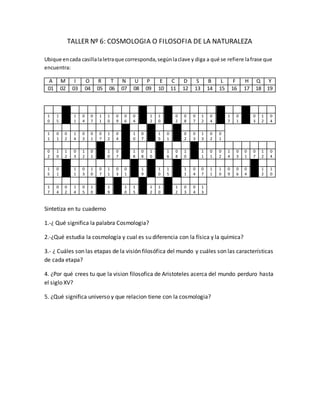 TALLER Nº 6: COSMOLOGIA O FILOSOFIA DE LA NATURALEZA
Ubique encada casillalaletraque corresponda,segúnlaclave y diga a qué se refiere lafrase que
encuentra:
A M I O R T N U P E C D S B L F H Q Y
01 02 03 04 05 06 07 08 09 10 11 12 13 14 15 16 17 18 19
E L C O N C E P T O D E M U N D O H A I D O
1
0
1
5
1
1
0
4
0
7
1
1
1
0
0
9
0
6
0
4
1
2
1
0
0
2
0
8
0
7
1
2
0
4
1
7
0
1
0
3
1
2
0
4
C A M B I A N D O E N L A M I S M A
1
1
0
1
0
2
1
4
0
3
0
1
0
7
1
2
0
4
1
0
0
7
1
5
0
1
0
2
0
3
1
3
0
2
0
1
M E D I D A E N Q U E F U E C A M B I A N D O
0
2
1
0
1
2
0
3
1
2
0
1
1
0
0
7
1
8
0
8
1
0
1
6
0
8
1
0
1
1
0
1
0
2
1
4
0
3
0
1
0
7
1
2
0
4
L A C I E N C I A Y E L C O N C E P T O D E
1
5
0
1
1
1
0
3
1
0
0
7
1
1
0
3
0
1
1
9
1
0
1
5
1
1
0
4
0
7
1
1
1
0
0
9
0
6
0
4
1
2
1
0
H O M B R E Y E L D E D I O S
1
7
0
4
0
2
1
4
0
5
1
0
1
9
1
0
1
5
1
2
1
0
1
2
0
3
0
4
1
3
Sintetiza en tu cuaderno
1.-¿ Qué significa la palabra Cosmologia?
2.-¿Qué estudia la cosmología y cual es su diferencia con la física y la química?
3.- ¿ Cuáles son las etapas de la visión filosófica del mundo y cuáles son las características
de cada etapa?
4. ¿Por qué crees tu que la vision filosofica de Aristoteles acerca del mundo perduro hasta
el siglo XV?
5. ¿Qué significa universo y que relacion tiene con la cosmologia?
 
