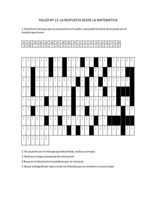 TALLER Nº 13: LA RESPUESTA DESDE LA MATEMATICA
1. Descifrael mensaje que se encuentraenel cuadro,colocandolasletrasde acuerdocon el
numeroque tienen
01 02 03 04 05 06 07 08 09 10 11 12 13 14 15 16 17 18
A M I O R T N U E C D S L F Q Y p G
1
7
P
0
4
O
0
5
R
1
5
Q
0
8
U
0
9
E
0
9
E
1
3
L
0
7
U
0
7
N
0
4
O
0
9
E
1
2
S
0
9
E
1
3
L
1
7
P
0
8
U
0
7
N
0
6
T
0
4
O
0
9
E
1
3
L
1
1
D
0
4
O
1
2
S
1
3
L
0
1
A
1
3
L
0
3
I
0
7
N
0
9
E
0
1
A
0
9
E
1
3
L
0
6
T
0
5
R
0
9
E
1
2
S
0
9
E
1
3
L
0
6
T
0
5
R
0
3
I
0
1
A
0
7
N
1
8
G
0
8
U
1
3
L
0
4
O
1
6
Y
0
9
E
1
3
L
1
0
C
0
8
U
0
1
A
0
6
T
0
5
R
0
4
O
1
3
L
0
1
A
1
7
P
0
3
I
0
5
R
0
1
A
0
2
M
0
3
I
1
1
D
0
9
E
1
6
Y
0
1
A
1
5
Q
0
8
U
0
9
E
0
9
E
1
3
L
1
7
P
0
8
U
0
7
N
0
6
T
0
4
O
0
9
E
1
2
S
0
9
E
1
3
L
1
7
P
0
5
R
0
3
I
0
7
N
1
0
C
0
3
I
1
7
P
0
3
I
0
4
O
1
1
D
0
9
E
1
3
L
0
1
A
0
2
M
0
1
A
1
8
G
0
7
N
0
3
I
0
6
T
0
8
U
1
1
D
0
9
E
1
3
L
1
2
S
0
9
E
1
8
G
0
8
U
0
7
N
1
1
D
0
4
O
1
3
L
0
1
A
1
3
L
0
3
I
0
7
N
0
9
E
0
1
A
0
9
E
1
3
L
0
6
T
0
9
E
0
5
R
1
0
C
0
9
E
0
5
R
0
4
O
1
3
L
0
1
A
1
2
S
0
8
U
1
7
P
0
9
E
0
5
R
1
4
F
0
3
I
1
0
C
0
3
I
0
9
E
1
6
Y
0
9
E
1
3
L
1
0
C
0
8
U
0
1
A
0
5
R
0
6
T
0
4
O
0
9
E
1
3
L
1
2
S
0
4
O
1
3
L
0
3
I
1
1
D
0
4
O
2. De acuerdocon el mensaje que descifraste,realizaunensayo
3. Realizaunmapa conceptual de esta lección
4.Busca enel diccionariolaspalabrasque no conozcas
5. Busca la biografíade cada unode los filósofos que se nombranenestaunidad
 