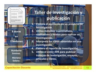 Taller de investigación y
                                publicación
                       1. Elabora el protocolo de un proyecto de
                          investigación.
     8 Horas           2. Utiliza métodos cuantitativos,
                          cualitativos y mixtos para realizar su
       en
                          investigación.
   2 Sesiones          3. Interpreta los datos obtenidos en una
                          investigación.
                       4. Elabora el reporte de investigación.
    Humberto
     Jiménez.
                       5. Utiliza el estilo APA para publicar
                          trabajos de investigación, ensayos,
     Mariana
                          artículos y libros.
     Solano.

                                     Mtra. Mariana Solano Silva estemomento@gmail.com
Capacitación Docente                     Ing. Humberto Jiménez Olea hujiol@hotmail.com   13
 