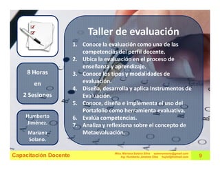 Taller de evaluación
                       1. Conoce la evaluación como una de las
                          competencias del perfil docente.
                       2. Ubica la evaluación en el proceso de
                          enseñanza y aprendizaje.
     8 Horas           3. Conoce los tipos y modalidades de
       en                 evaluación.
                       4. Diseña, desarrolla y aplica Instrumentos de
   2 Sesiones             Evaluación.
                       5. Conoce, diseña e implementa el uso del
                          Portafolio como herramienta evaluativa.
    Humberto           6. Evalúa competencias.
     Jiménez.          7. Analiza y reflexiona sobre el concepto de
     Mariana              Metaevaluación.
     Solano.

                                       Mtra. Mariana Solano Silva estemomento@gmail.com
Capacitación Docente                       Ing. Humberto Jiménez Olea hujiol@hotmail.com   9
 