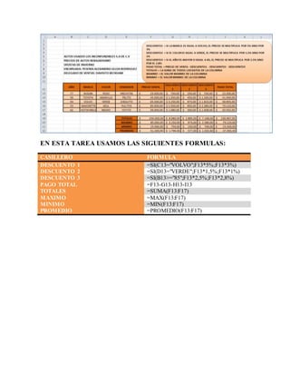 EJERCICIO N° 9
EN ESTA TAREA USAMOS LAS SIGUIENTES FORMULAS:
CASILLERO FORMULA
DESCUENTO 1 =SI(C13="VOLVO";F13*5%;F13*3%)
DESCUENTO 2 =SI(D13="VERDE";F13*1,5%;F13*1%)
DESCUENTO 3 =SI(B13>="85";F13*2,5%;F13*2,8%)
PAGO TOTAL =F13-G13-H13-I13
TOTALES =SUMA(F13:F17)
MAXIMO =MAX(F13:F17)
MINIMO =MIN(F13:F17)
PROMEDIO =PROMEDIO(F13:F17)
 