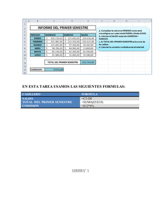 EJERCICIO N° 4
EN ESTA TAREA USAMOS LAS SIGUIENTES FORMULAS:
CASILLERO FORMULA
SALDO =C5-D5
TOTAL DEL PRIMER SEMESTRE =SUMA(E5:E10)
COMISION =E12*6%
 
