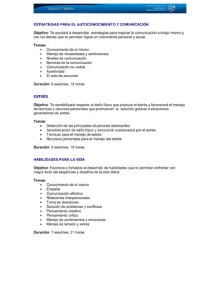 ESTRATEGIAS PARA EL AUTOCONOCIMIENTO Y COMUNICACIÓN
Objetivo: Te ayudará a desarrollar estrategias para mejorar la comunicación contigo mismo y
con los demás que te permitan lograr un crecimiento personal y social.
Temas:
• Conocimiento de sí mismo
• Manejo de necesidades y sentimientos
• Niveles de comunicación
• Barreras de la comunicación
• Comunicación no verbal
• Asertividad
• El acto de escuchar
Duración: 6 sesiones, 18 horas
ESTRÉS
Objetivo: Te sensibilizará respecto al daño físico que produce el estrés y favorecerá el manejo
de técnicas y recursos personales que promuevan la solución gradual a situaciones
generadoras de estrés
Temas:
• Detección de las principales situaciones estresantes
• Sensibilización de daño físico y emocional ocasionados por el estrés
• Técnicas para el manejo de estrés
• Recursos personales para el manejo del estrés
Duración: 6 sesiones, 18 horas
HABILIDADES PARA LA VIDA
Objetivo: Favorece y fortalece el desarrollo de habilidades que te permitan enfrentar con
mayor éxito las exigencias y desafíos de la vida diaria
Temas:
• Conocimiento de sí mismo
• Empatía
• Comunicación afectiva
• Relaciones interpersonales
• Toma de decisiones
• Solución de problemas y conflictos
• Pensamiento creativo
• Pensamiento crítico
• Manejo de sentimientos y emociones
• Manejo de tensión y estrés
Duración: 7 sesiones, 21 horas
 