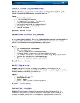 IDENTIDAD ESCOLAR – IDENTIDAD PROFESIONAL
Objetivo: Facilitará tu incorporación al medio cultural, escolar y profesional a fin de que tu
puedas ir regulando y consolidando tu identidad profesional.
Temas:
• El concepto de profesión
• El futuro de nuestras profesiones
• La sociedad de la información y el conocimiento
• Los nuevos ambientes de aprendizaje
• Las nuevas características del trabajo profesional
• El reto formativo de los profesionistas
• Identidad profesional
Duración: 6 sesiones, 18 horas
MEJORANDO MIS RELACIONES CON LOS DEMÁS
El participante reflexionará sobre la forma en que establece sus relaciones interpersonales, con
el propósito de detectar los obstáculos que dificultan o entorpecen sus relaciones con los
demás y conocerá diversas estrategias para mejorar sus vínculos.
Temas:
• Qué son las relaciones interpersonales
• Cómo nos relacionamos
• La comunicación en las relaciones interpersonales
• Tolerancia, respeto y cooperación en las relaciones interpersonales
• Con quién nos relacionamos y comunicamos: Familia. Pareja. Amigos. Compañeros.
• Dificultad para establecer relaciones interpersonales
• Cómo terminar una relación de manera constructiva
Duración 6 sesiones, 18 horas
PROYECTANDO MI FUTURO
Objetivo: Te permitirá elaborar un proyecto personal sobre tu futuro analizando las
características de ti mismo y tu contexto, tomando en cuenta los aspectos cognitivos, afectivos
y conductuales que intervienen en su realización.
Temas:
• La importancia de proyectar
• Autoimagen y proyecto
• Valores y riesgos
• Deseos y metas: personales, escolares y laborales
Duración: 6 sesiones, 18 horas
SENTIMIENTOS Y EMOCIONES
Objetivo: Te proporcionará un espacio de sensibilización, expresión y manejo de tus
sentimientos, emociones y necesidades; así mismo, favorecerá el reconocimiento de los
recursos con los que cuentas para enfrentar aspectos que obstaculicen tu desarrollo.
 