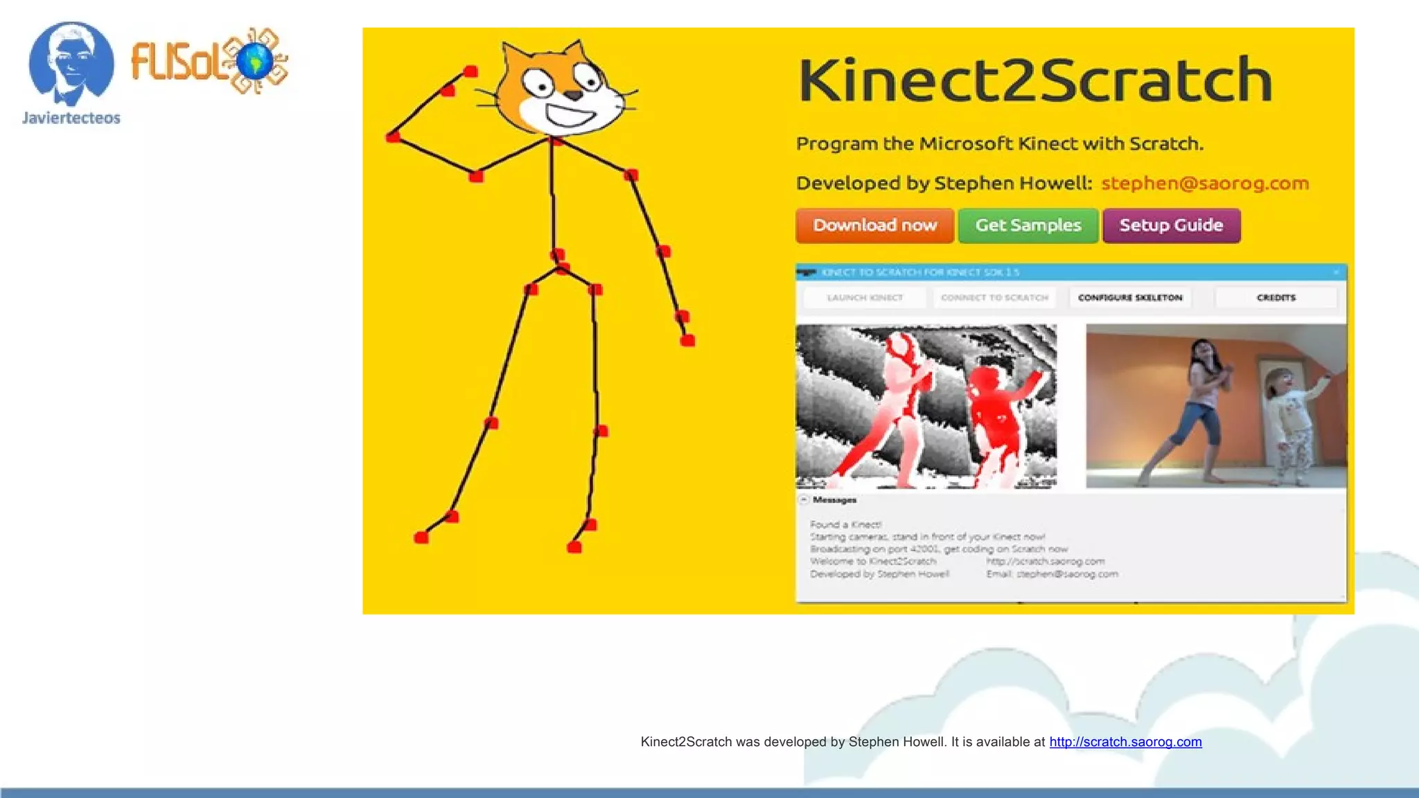 Kinect2Scratch was developed by Stephen Howell. It is available at http://scratch.saorog.com
 