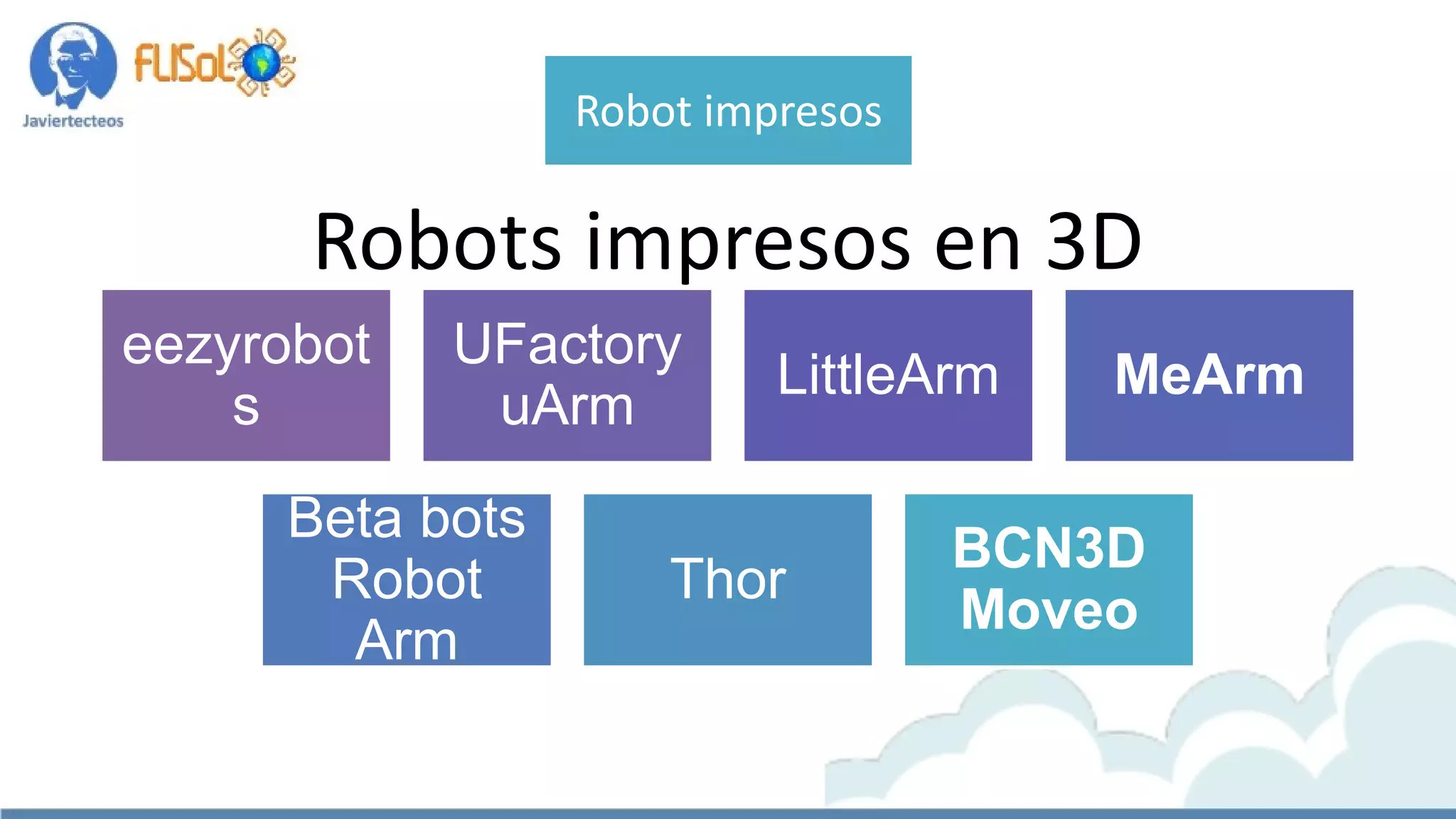Robots impresos en 3D
eezyrobot
s
UFactory
uArm
LittleArm MeArm
Beta bots
Robot
Arm
Thor
BCN3D
Moveo
Robot impresos
 