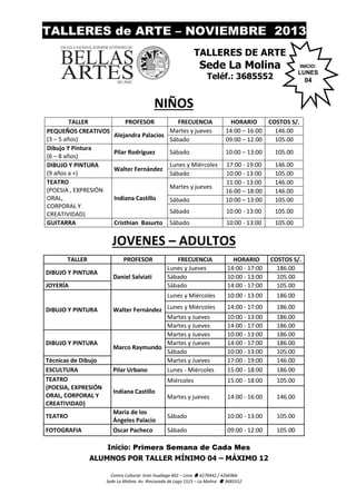 TALLERES de ARTE – NOVIEMBRE 2013
TALLERES DE ARTE

Sede La Molina
Teléf.: 3685552

INICIO:

LUNES

04

NIÑOS
TALLER
PEQUEÑOS CREATIVOS
(3 – 5 años)
Dibujo Y Pintura
(6 – 8 años)
DIBUJO Y PINTURA
(9 años a +)
TEATRO
(POESIA , EXPRESIÓN
ORAL,
CORPORAL Y
CREATIVIDAD)
GUITARRA

PROFESOR

FRECUENCIA
Martes y jueves
Alejandra Palacios
Sábado

HORARIO
COSTOS S/.
14:00 – 16:00
146.00
09:00 – 12.00
105.00

Pilar Rodríguez

Sábado

10:00 – 13:00

105.00

Walter Fernández

Lunes y Miércoles
Sábado

Sábado

17:00 - 19:00
10:00 - 13:00
11:00 - 13:00
16:00 – 18:00
10:00 – 13:00

146.00
105.00
146.00
146.00
105.00

Sábado

10:00 - 13:00

105.00

Sábado

10:00 - 13:00

105.00

Martes y jueves
Indiana Castillo

Cristhian Basurto

JOVENES – ADULTOS
TALLER

PROFESOR

HORARIO
14:00 - 17:00
10:00 - 13:00
14:00 - 17:00

COSTOS S/.
186.00
105.00
105.00

Lunes y Miércoles

DIBUJO Y PINTURA

FRECUENCIA
Lunes y Jueves
Sábado
Sábado

10:00 - 13:00

186.00

Walter Fernández Lunes y Miércoles
Martes y Jueves
Martes y Jueves
Martes y Jueves
Martes y Jueves
Marco Raymundo
Sábado
Martes y Jueves
Pilar Urbano
Lunes - Miércoles

14:00 - 17:00

186.00

10:00 - 13:00
14:00 - 17:00
10:00 - 13:00
14:00 - 17:00
10:00 - 13:00
17:00 - 19:00
15:00 - 18:00

186.00
186.00
186.00
186.00
105.00
146.00
186.00

Miércoles

15:00 - 18:00

105.00

Martes y jueves

14:00 - 16:00

146.00

Daniel Salviati

JOYERÍA

DIBUJO Y PINTURA

DIBUJO Y PINTURA
Técnicas de Dibujo
ESCULTURA
TEATRO
(POESIA, EXPRESIÓN
ORAL, CORPORAL Y
CREATIVIDAD)

Indiana Castillo

TEATRO

María de los
Ángeles Palacio

Sábado

10:00 - 13:00

105.00

FOTOGRAFIA

Oscar Pacheco

Sábado

09:00 - 12:00

105.00

Inicio: Primera Semana de Cada Mes
ALUMNOS POR TALLER MÍNIMO 04 – MÁXIMO 12
Centro Cultural: Jirón Huallaga 402 – Lima  4279442 / 4266966
Sede La Molina: Av. Rinconada de Lago 1515 – La Molina  3685552

 