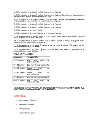 12. Si la respuesta es si, sume 2 puntos, si es no, reste 2 puntos.
13. Si la respuesta es si, sume 2 puntos, si es no, reste 2 puntos. Generalmente los empresarios
disfrutan de su trabajo; van de un proyecto a otro.
14. Si la respuesta es si, sume 2 puntos, si es no, reste 2 puntos. Los empresarios exitosos
están dispuestos a usar sus ahorros para financiar un proyecto.
15. Si la respuesta es si, sume 2 puntos, si es no, reste 2 puntos.
16. Si la respuesta es si, sume 4 puntos, si es no, reste 4 puntos.
17. Si la respuesta es si, reste 1 punto.
18. Si la respuesta es si, reste 2 puntos, si es no, sume 2 puntos.
19. Si la respuesta es si, sume 1 punto, si es no, reste 1 punto. Muchos empresarios tienen el
hábito de poner por escrito sus metas.
20. Si la respuesta es si, sume 2 puntos, si es no, reste2 puntos. El manejo de flujo de dinero
puede ser crítico para el éxito empresarial.
21. Si la respuesta es si, sume 2 puntos, si es no, reste 2 puntos. Tal parece que los
empresarios se aburren fácilmente.
22. Si la respuesta es si, sume 2 puntos, si es no, reste dos puntos. El optimismo es el
combustible para buscar el éxito.
TABLA DE EVALUACIÓN
PUNTAJES           DESCRIPCIÓN
10 – 20 puntos     Muy    bajo    nivel        de
                   emprendimiento
21 – 25 puntos     Bajo nivel de emprendimiento
26 – 35 puntos     Regular      nivel          de
                   emprendimiento
36 – 40 puntos     Normal       nivel          de
                   emprendimiento
41 – 45 puntos     Alto nivel de emprendimiento
46 – 50 puntos     Muy     alto   nivel        de
                   emprendimiento


SI QUIERES ELEVAR TU NIVEL DE EMPRENDIMIENTO DEBES TRABAJAR SOBRE TUS
DEBILIDADES Y PERFECCIONAR TUS FORTALEZAS



EMPRENDEDOR:

    •   antecedentes familiares

    •   estudiante brillante

    •   trabajo grupal

    •   desarrollar las ideas
 