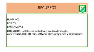 RECURSOS
HUMANOS
FISICOS
ECONOMICOS
LOGISTICOS: tablets, computadores, equipo de sonido,
conectividad,USB, CD-rom, software libre, programas y aplicaciones.
 