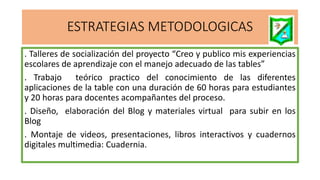 ESTRATEGIAS METODOLOGICAS
. Talleres de socialización del proyecto “Creo y publico mis experiencias
escolares de aprendizaje con el manejo adecuado de las tables”
. Trabajo teórico practico del conocimiento de las diferentes
aplicaciones de la table con una duración de 60 horas para estudiantes
y 20 horas para docentes acompañantes del proceso.
. Diseño, elaboración del Blog y materiales virtual para subir en los
Blog
. Montaje de videos, presentaciones, libros interactivos y cuadernos
digitales multimedia: Cuadernia.
 