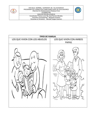 ESCUELA NORMAL SUPERIOR DE VILLAVICENCIO
PROGRAMA DE FORMACIÓN COMPLEMENTARIA DE EDUCADORES
PROYECTO PEDAGOGICO PRODUCTIVO
III SEMESTRE
GUIA DE ESCUELA NUEVA
Coordinador Práctica rural: Mg. Saúl Romero Morales.
Docentes acompañantes: Margarita lombana
Docentes en formación: Marcela Vargas Guerrero
TIPOS DE FAMILIA.
LOS QUE VIVEN CON LOS ABUELOS LOS QUE VIVEN CON AMBOS
PAPAS
 