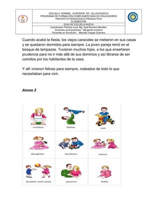 ESCUELA NORMAL SUPERIOR DE VILLAVICENCIO
PROGRAMA DE FORMACIÓN COMPLEMENTARIA DE EDUCADORES
PROYECTO PEDAGOGICO PRODUCTIVO
III SEMESTRE
GUIA DE ESCUELA NUEVA
Coordinador Práctica rural: Mg. Saúl Romero Morales.
Docentes acompañantes: Margarita lombana
Docentes en formación: Marcela Vargas Guerrero
Cuando acabó la fiesta, los viejos caracoles se metieron en sus casas
y se quedaron dormidos para siempre. La joven pareja reinó en el
bosque de lampazos. Tuvieron muchos hijos, a los que enseñaron
prudencia para no ir más allá de sus dominios y así librarse de ser
comidos por los habitantes de la casa.
Y allí vivieron felices para siempre, rodeados de todo lo que
necesitaban para vivir.
Anexo 2
 