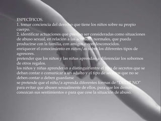 ESPECÍFICOS.
1. tomar conciencia del derecho que tiene los niños sobre su propio
cuerpo.
2. identificar actuaciones que puedan ser consideradas como situaciones
de abuso sexual, en relación a las actitudes normales, que pueda
producirse con la familia, con amigos o con desconocidos.
enriquecer el conocimiento en niños/as sobre los diferentes tipos de
agresores.
pretender que los niños y las niñas aprendan a diferenciar los sobornos
de otros regalos.
los niños y niñas aprenderán a distinguir entre el tipo de secretos que se
deban contar o comunicar a un adulto y el tipo de secretos que no se
deben contar o deben guardarse
se pretende que el niño/a aprenda diferentes formas de “DECIR NO”
para evitar que abusen sexualmente de ellos, para que los demás
conozcan sus sentimientos o para que cese la situación de abuso.

 