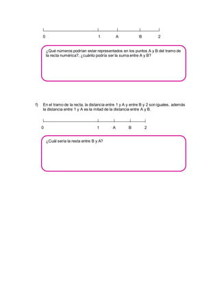 0 1 A B 2 
¿Qué números podrían estar representados en los puntos A y B del tramo de 
la recta numérica?, ¿cuánto podría ser la suma entre A y B? 
f) En el tramo de la recta, la distancia entre 1 y A y entre B y 2 son iguales, además 
la distancia entre 1 y A es la mitad de la distancia entre A y B. 
0 1 A B 2 
¿Cuál sería la resta entre B y A? 
