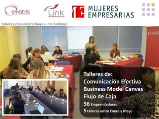 Talleres de: 
Comunicación Efectiva 
Business Model Canvas 
Flujo de Caja 
56 Emprendedoras 
5 talleres entre Enero y Mayo 
Talleres con aceleradoras e incubadoras:  