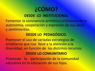 ¿CÓMO?
DESDE LO INSTITUCIONAL
Fomentar la convivencia armónica promoviendo la
autonomía, cooperación y expresión de sus ideas
y sentimientos.
DESDE LO PEDAGÓGICO.
Promover el uso de variadas estrategias de
enseñanza que nos lleve a la atención a la
diversidad, en función de los distintos recursos.
DESDE LO COMUNITARIO
Promover la participación de la comunidad
educativa en la educación de sus hijos.
 