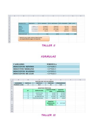 TALLER II
FORMULAS
CASILLERO FORMULA
DESCUENTO MINIMO =C8*$D$13
DESCUNTO MEDIANO =C8*$E$13
DESCUENTO MAXIMO =C8*$F$13
DESCUENTO DE LUJO =C8*$G$13
TALLER III
 