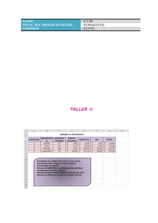 SALDO =C5-D5
TOTAL DEL PRIMER SEMESTRE =SUMA(E5:E10)
COMISION =E12*6%
TALLER V
 