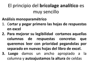 El principio del bricolage analítico es
muy sencillo
Análisis monoparamétrico
1. Cortar y pegar primero las hojas de respuestas
en excel
2. Para mejorar su legibilidad cortamos aquellas
columnas de respuestas concretas que
queremos leer con prioridad pegandolas por
separado en nuevas hojas del libro de excel.
3. Luego damos un ancho apropiado a la
columna y autoajustamos la altura de celdas
 