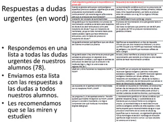 Respuestas a dudas
urgentes (en word)
• Respondemos en una
lista a todas las dudas
urgentes de nuestros
alumnos (78).
• Enviamos esta lista
con las respuestas a
las dudas a todos
nuestros alumnos.
• Les recomendamos
que se las miren y
estudien
 