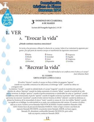 12
3º DOMINGO DE CUARESMA:
8 DE MARZO
Lectura del Evangelio Según Jn 2, 13-25
1.	VER
A.	“Evocar la vida”
¿Dónde sentimos nuestras emociones?
Se invita a las personas a dibujar la silueta de su cuerpo. Sobre él se contestará la siguiente pre-
gunta: ¿En qué parte de nuestro cuerpo se manifiestan las siguientes emociones?
B.	“Recrear la vida”	
Rabia
Miedo
Asco
Felicidad
Tristeza
Ansiedad
Amor
Depresión
Desprecio
Orgullo
Vergüenza
Envidia
“La enfermedad es un conflicto entre el alma y el cuerpo”
Joan Sebastian Bach
EL CUERPO
GRITA LO QUE LA BOCA CALLA
El resfrío “chorrea” cuando el cuerpo no llora; el dolor de garganta “tapona”
cuando no es posible comunicar las aflicciones; el estómago “arde” cuando las rabias no
consiguen salir
La diabetes “invade” cuando la soledad duele; el cuerpo “engorda” cuando la insatisfacción aprieta;
el dolor de cabeza “deprime” cuando las dudas aumentan; el corazón “afloja” cuando el sentido de la vida
parece terminar; la alergia “aparece” cuando el perfeccionamiento es intolerable; las uñas se “quiebran” cuando
las defensas están amenazadas; el pecho “aprieta” cuando el orgullo esclaviza; la presión “sube” cuando el miedo
aprisiona; las neurosis “paralizan” cuando el niño interior tiraniza; la fiebre “calienta” cuando las defensas ex-
plotan las fronteras de la inmunidad; el cáncer “mata” cuando te cansas de vivir; las rodillas “duelen” cuando
tu orgullo no se doblega. La enfermedad no es mala, son señalamientos del camino. El camino a la felici-
dad no es recto. Existen curvas llamadas EQUIVOCACIONES. Existen semáforos llamados AMI-
GOS. Existen luces de precaución llamadas FAMILIA. Todo se logra si tienes: una llanta de
repuesto llamada DECISIÓN, un potente motor llamado AMOR, un buen seguro
llamado FE, abundante combustible llamado PACIENCIA, pero sobre
todo un experto conductor llamado DIOS.
 