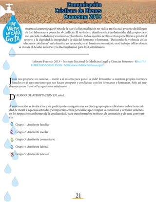 21
muestra claramente que el reto de la paz y la Reconciliación no radica en el actual proceso de diálogos
de La Habana para poner fin al conflicto. El verdadero desafío radica en desinstalar del propio cora-
zón en cada ciudadano y ciudadana colombiana, todos aquellos sentimientos que le llevan a perder el
respeto a la dignidad, la integridad y la vida del hermano o hermana. “Desinstalar la violencia de las
relaciones cotidianas” en la familia, en la escuela, en el barrio o comunidad, en el trabajo. Allí es donde
se instala el desafío de la Paz y la Reconciliación para los Colombianos.
Informe Forensis 2013 – Instituto Nacional de Medicina Legal y Ciencias Forenses - file:///E:/
FORENSIS%202013%201-%20lesiones%20de%20causa.pdf
Jesús nos propone un camino… morir a sí mismo para ganar la vida! Renunciar a nuestros propios intereses
basados en el egocentrismo que nos hacen competir y conflictuar con los hermanos y hermanas. Solo así ten-
dremos como fruto la Paz que tanto anhelamos.
DIALOGO DE APROPIACIÓN (20 min)
A continuación se invita a las y los participantes a organizarse en cinco grupos para reflexionar sobre la necesi-
dad de morir a aquellas actitudes y comportamientos personales que rompen la comunión y detonan violencia
en los respectivos ambientes de la cotidianidad, para transformarlos en frutos de comunión y de sana conviven-
cia:
Grupo 1: Ambiente familiar
Grupo 2: Ambiente escolar
Grupo 3: Ambiente comunitario
Grupo 4: Ambiente laboral
Grupo 5: Ambiente eclesial
 