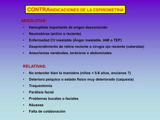 CONTRAINDICACIONES DE LA ESPIROMETRIA

ABSOLUTAS:
•   Hemoptisis importante de origen desconocido
•   Neumotórax (activo o...