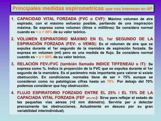 Principales medidas espirometricas que nos interesan en AP
1. CAPACIDAD VITAL FORZADA (FVC o CVF): Máximo volumen de aire
...