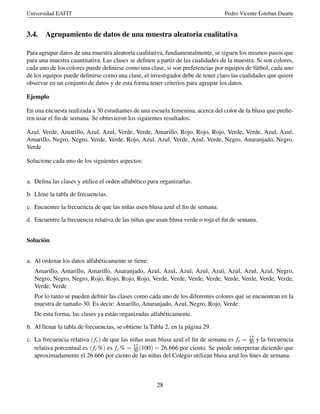 Universidad EAFIT Pedro Vicente Esteban Duarte
3.4. Agrupamiento de datos de una muestra aleatoria cualitativa
Para agrupar datos de una muestra aleatoria cualitativa, fundamentalmente, se siguen los mismos pasos que
para una muestra cuantitativa. Las clases se deﬁnen a partir de las cualidades de la muestra. Si son colores,
cada uno de los colores puede deﬁnirse como una clase, si son preferencias por equipos de fútbol, cada uno
de los equipos puede deﬁnirse como una clase, el investigador debe de tener claro las cualidades que quiere
observar en un conjunto de datos y de esta forma tener criterios para agrupar los datos.
Ejemplo
En una encuesta realizada a 30 estudiantes de una escuela femenina, acerca del color de la blusa que preﬁe-
ren usar el ﬁn de semana. Se obtuvieron los siguientes resultados:
Azul, Verde, Amarillo, Azul, Azul, Verde, Verde, Amarillo, Rojo, Rojo, Rojo, Verde, Verde, Azul, Azul,
Amarillo, Negro, Negro, Verde, Verde, Rojo, Azul, Azul, Verde, Azul, Verde, Negro, Anaranjado, Negro,
Verde
Solucione cada uno de los siguientes aspectos:
a. Deﬁna las clases y utilice el orden alfabético para organizarlas.
b. Llene la tabla de frecuencias.
c. Encuentre la frecuencia de que las niñas usen blusa azul el ﬁn de semana.
d. Encuentre la frecuencia relativa de las niñas que usan blusa verde o roja el ﬁn de semana.
Solución
a. Al ordenar los datos alfabéticamente se tiene:
Amarillo, Amarillo, Amarillo, Anaranjado, Azul, Azul, Azul, Azul, Azul, Azul, Azul, Azul, Negro,
Negro, Negro, Negro, Rojo, Rojo, Rojo, Rojo, Verde, Verde, Verde, Verde, Verde, Verde, Verde, Verde,
Verde, Verde
Por lo tanto se pueden deﬁnir las clases como cada uno de los diferentes colores que se encuentran en la
muestra de tamaño 30. Es decir: Amarillo, Anaranjado, Azul, Negro, Rojo, Verde.
De esta forma, las clases ya están organizadas alfabéticamente.
b. Al llenar la tabla de frecuencias, se obtiene la Tabla 2, en la página 29.
c. La frecuencia relativa ( fr) de que las niñas usan blusa azul el ﬁn de semana es fr = 12
30 y la frecuencia
relativa porcentual es ( fr %) es fr % = 12
30(100) = 26.666 por ciento. Se puede interpretar diciendo que
aproximadamente el 26.666 por ciento de las niñas del Colegio utilizan blusa azul los ﬁnes de semana.
28
 