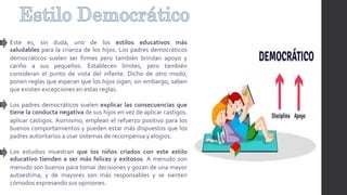 Este es, sin duda, uno de los estilos educativos más
saludables para la crianza de los hijos. Los padres democráticos
democráticos suelen ser firmes pero también brindan apoyo y
cariño a sus pequeños. Establecen límites, pero también
consideran el punto de vista del infante. Dicho de otro modo,
ponen reglas que esperan que los hijos sigan; sin embargo, saben
que existen excepciones en estas reglas.
Los padres democráticos suelen explicar las consecuencias que
tiene la conducta negativa de sus hijos en vez de aplicar castigos.
aplicar castigos. Asimismo, emplean el refuerzo positivo para los
buenos comportamientos y pueden estar más dispuestos que los
padres autoritarios a usar sistemas de recompensa y elogios.
Los estudios muestran que los niños criados con este estilo
educativo tienden a ser más felices y exitosos. A menudo son
menudo son buenos para tomar decisiones y gozan de una mayor
autoestima, y de mayores son más responsables y se sienten
cómodos expresando sus opiniones.
 
