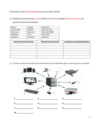2
10. Nombra 3 tipos de SOFTWARE que conozcas y hayas utilizado.
11. Clasifique en periféricos de entrada, periféricos de salida y unidades de almacenamiento, las
siguientes partes del computador.
Mouse Teclado Impresora
Cámara Web Monitor Memoria USB
Disco duro Parlantes Disco CD-ROOM
Micrófono Torre Disco DVD
Audífonos Proyector Micro SD
DISPOSITIVOS DE ENTRADA DISPOSITIVOS DE SALIDA UNIDADES DE ALMACENAMIENTO
12. Escriba los nombres de las partes del computador que están señaladas según el número que le corresponde:
1.___________________ 2.____________________ 3.___________________
4.___________________ 5.____________________ 6.___________________
7.___________________
10.__________________
8.____________________ 9.___________________
1
78
4
9
2
5
6
10
0
12
3
9
4
8 7
6
5
 