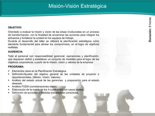 Misión-Visión Estratégica
OBJETIVO:
Orientado a evaluar la misión y visión de las áreas involucradas en un proceso
de transformación, con la finalidad de encaminar las acciones para integrar los
esfuerzos y fortalecer la unidad en los equipos de trabajo.
Durante el desarrollo del taller se utilizará la planificación estratégica como
elemento fundamental para alinear los compromisos, en el logro de objetivos
realistas.
AUDIENCIA:
Todo el personal con responsabilidad gerencial, operaciones y planificación,
que requieran definir y establecer un conjunto de medidas para el logro de los
objetivos corporativos, a partir de la misión, visión y valores de la empresa.
PROGRAMA:
 Elementos clave en la Planificación Estratégica.
 Definición/Ajustes del objetivo general de las unidades de proyecto o
departamentales, (Misión, Visión, Valores).
 Análisis del estado actual de las gerencias y preparación para el estado
deseado.
 Análisis FODA (consideraciones clave).
 Elaboración de la matriz de los 4 cuadrantes con casos reales.
 Definición de acciones y medidas estratégicas correctivas.
Duración:8horas
 
