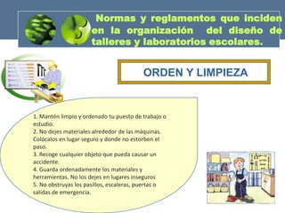 Normas y reglamentos que inciden
                     en la organización del diseño de
                     talleres y laboratorios escolares.


                                         ORDEN Y LIMPIEZA


1. Mantén limpio y ordenado tu puesto de trabajo o
estudio.
2. No dejes materiales alrededor de las máquinas.
Colócalos en lugar seguro y donde no estorben el
paso.
3. Recoge cualquier objeto que pueda causar un
accidente.
4. Guarda ordenadamente los materiales y
herramientas. No los dejes en lugares inseguros
5. No obstruyas los pasillos, escaleras, puertas o
salidas de emergencia.
 