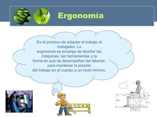 Ergonomía


   Es el proceso de adaptar el trabajo al
               trabajador. La
   ergonomía se encarga de diseñar las
      máquinas, las herramientas y la
forma en que se desempeñan las labores,
         para mantener la presión
del trabajo en el cuerpo a un nivel mínimo.
 