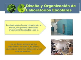 Diseño y Organización de
                      Laboratorios Escolares



Los laboratorios han de disponer de, al
   menos, dos puertas funcionales,
  preferiblemente alejadas entre si.




     No se deben sobrecargar los
  laboratorios de objetos, muebles y
equipos para así evitar accidentes y una
          evacuación eficaz.
 
