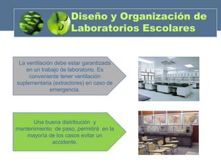 Diseño y Organización de
                     Laboratorios Escolares


 La ventilación debe estar garantizada
    en un trabajo de laboratorio. Es
     conveniente tener ventilación
suplementaria (extractores) en caso de
              emergencia.




      Una buena distribución y
mantenimiento de paso, permitirá en la
    mayoría de los casos evitar un
             accidente.
 