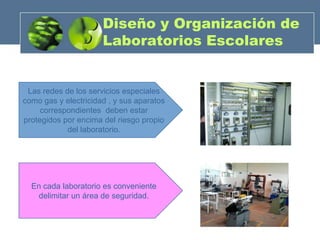 Diseño y Organización de
                      Laboratorios Escolares


 Las redes de los servicios especiales
como gas y electricidad , y sus aparatos
     correspondientes deben estar
protegidos por encima del riesgo propio
            del laboratorio.




  En cada laboratorio es conveniente
   delimitar un área de seguridad.
 